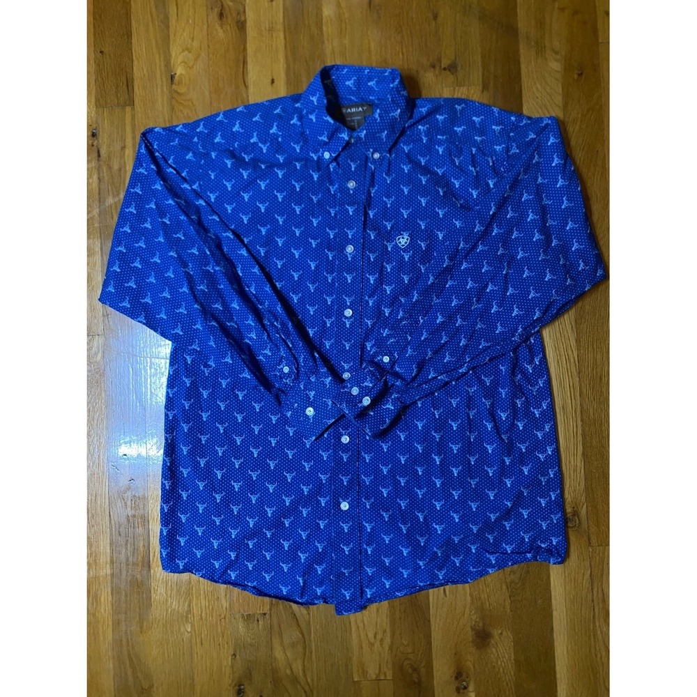 Ariat Jai Classic Fit Blue Longhorn Steer Skull Shirt Men's Size Medium Cowboy
